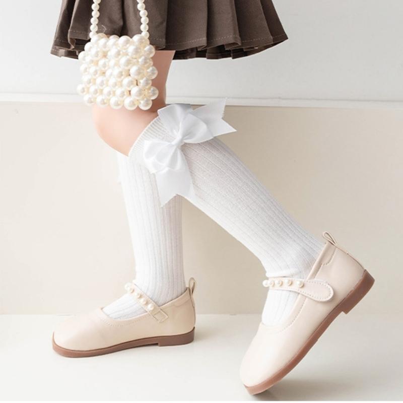 Girls Knee High Cotton Socks Big Ribbons Bow Back To School Socks, Ribbons Bows Long Socks Uniform Party Wear Stockings