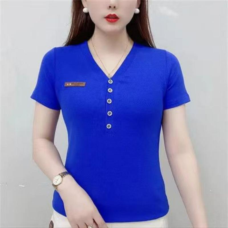 Korean New Summer Trend Slim Fit Design Print Stripe V-neck T-shirt Women's Button Breathable Fashion Casual Short Sleeved Top