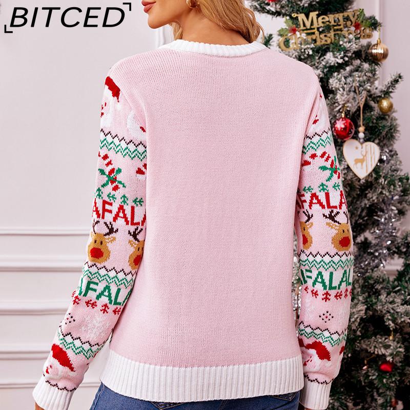 BITCED Pink Sweet Knitted Sweater for Women Autumn/Winter Christmas Pullover Long-Sleeved Jacquard Christmas Sweater