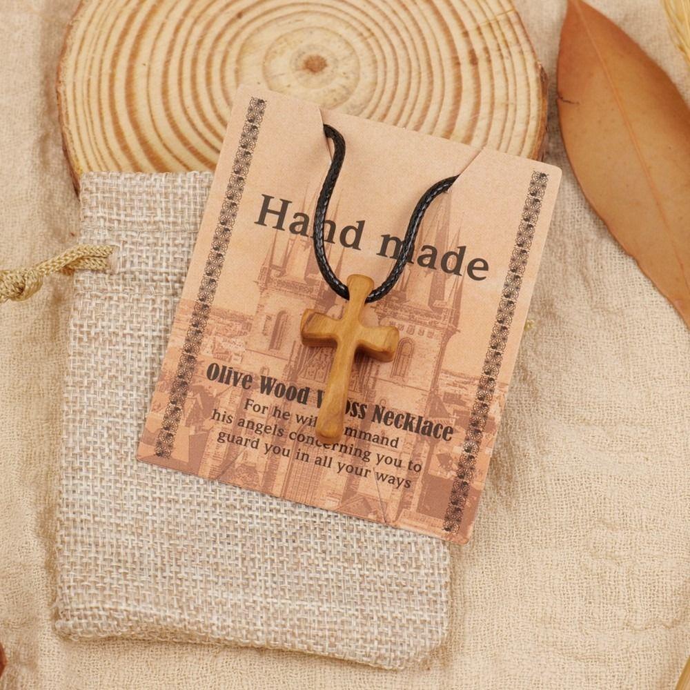 Hand-carved Cross Pendant Leather Rope Neckchain for Prayer Funny Cross Necklaces Church