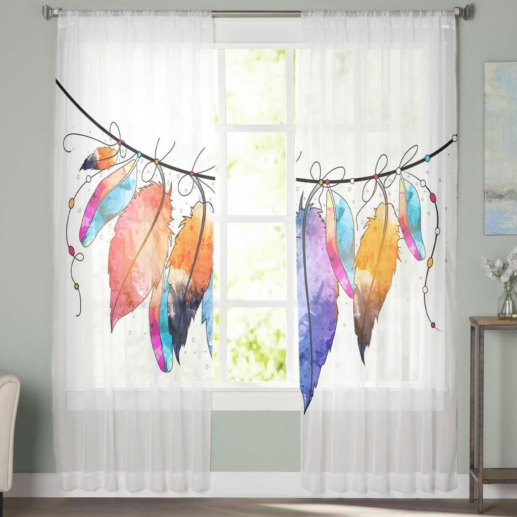 Indian Feather Bohemia Tulle Curtains For Living Room Home Decor Window Curtain Kitchen Sheer Voile Curtain