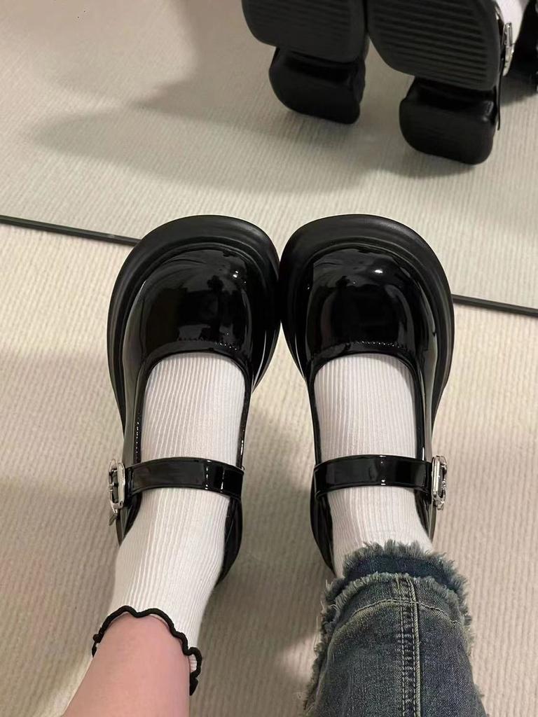 Black Sweet and Cool Mary Jane Shoes Women's New Platform Heightening College Retro Metal Buckle Small Leather Shoes with Skirt
