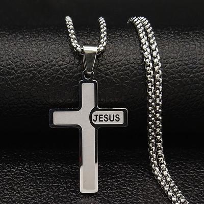 Collier pendentif croix de Jésus en acier inoxydable HNSP pour hommes et femmes, orné de zircon, avec accessoires pour chapelets catholiques.