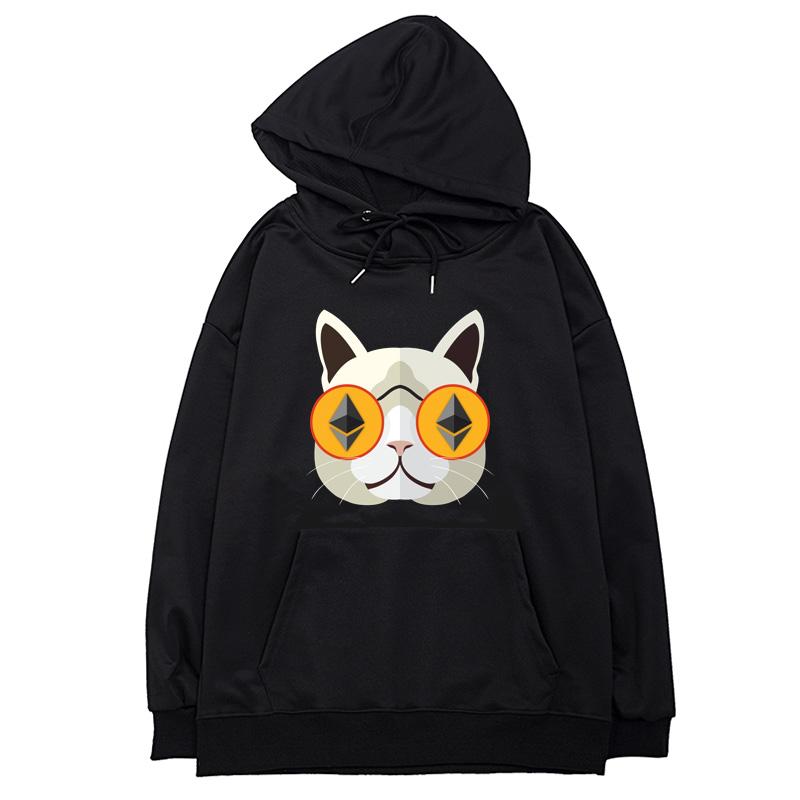 Ethereum Cat Hipster Baskılı Siyah Sonbahar Ve Kış Hoodie Uzun Kollu