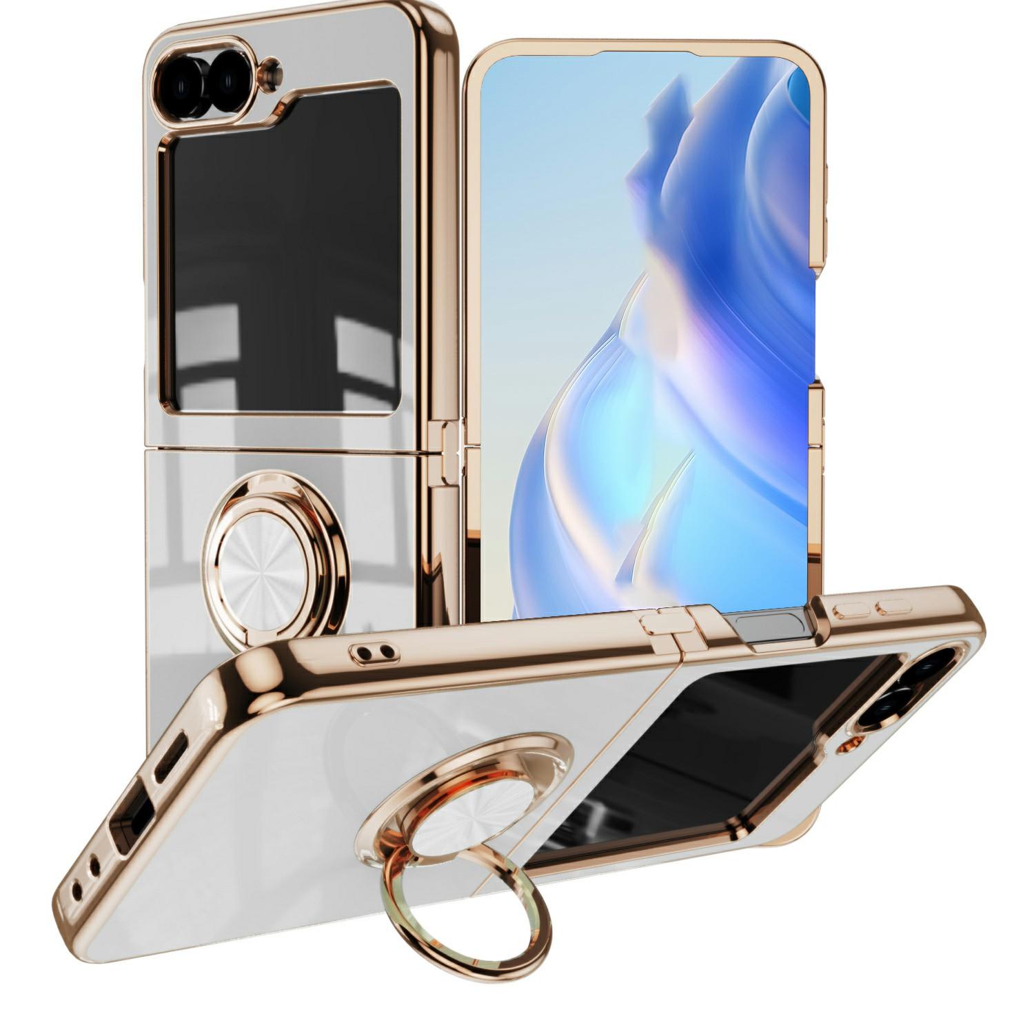 

For Samsung Galaxy Z Flip6 5G Case Precise Cutouts 6D Electroplating TPU Phone Cover with Ring Holder White