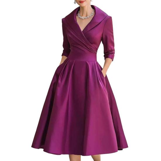 Women's Lapel V Neck Work Dress Long Sleeve A Line Swing Dress Formal Business Office Midi Blazer Dress