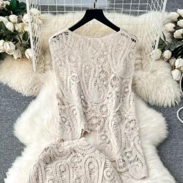 Chaleco de punto retro ahuecado de crochet con diseño nuevo de verano sin mangas cortas
