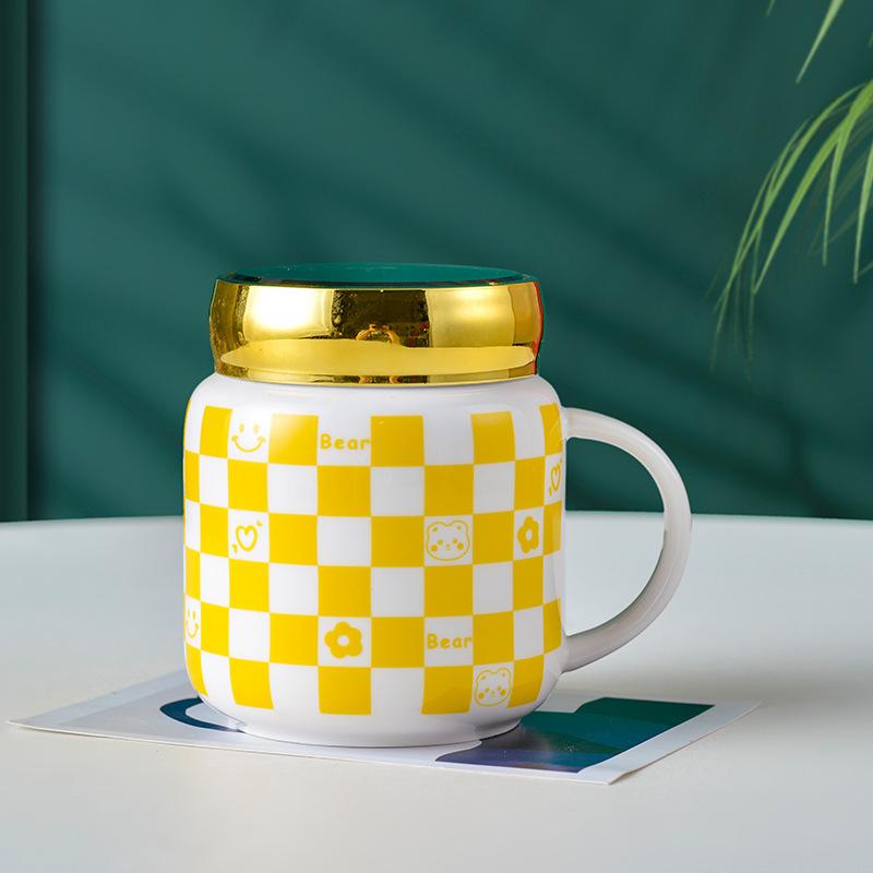High Value J Mirror Chess Lattice Ceramic Cup Home Office Water Cup Coffee Cup Bear Mug Gift