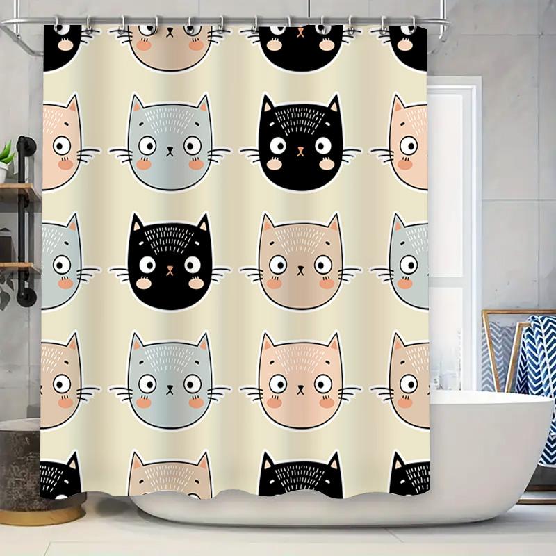 Cute Cat Shower Curtain Modern Bathroom Decor for Kids Room Black White Pink Blue Cartoon Pattern Print Waterproof Fabric with H
