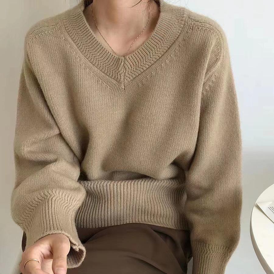 Solid Color Soft Waxy V-neck Sweater Women's Autumn and Winter Long-sleeved Outer Wear Pullover Top Bottoming Knitted Sweater