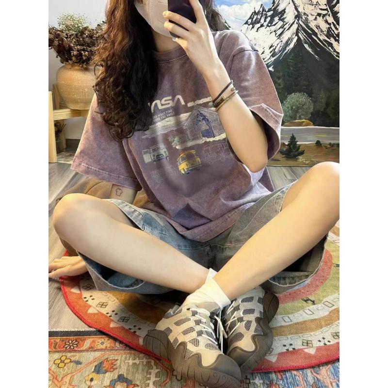 Dámské topy s krátkým rukávem americké vintage tričko s krátkým rukávem Purple Street Niche volné úzké topy