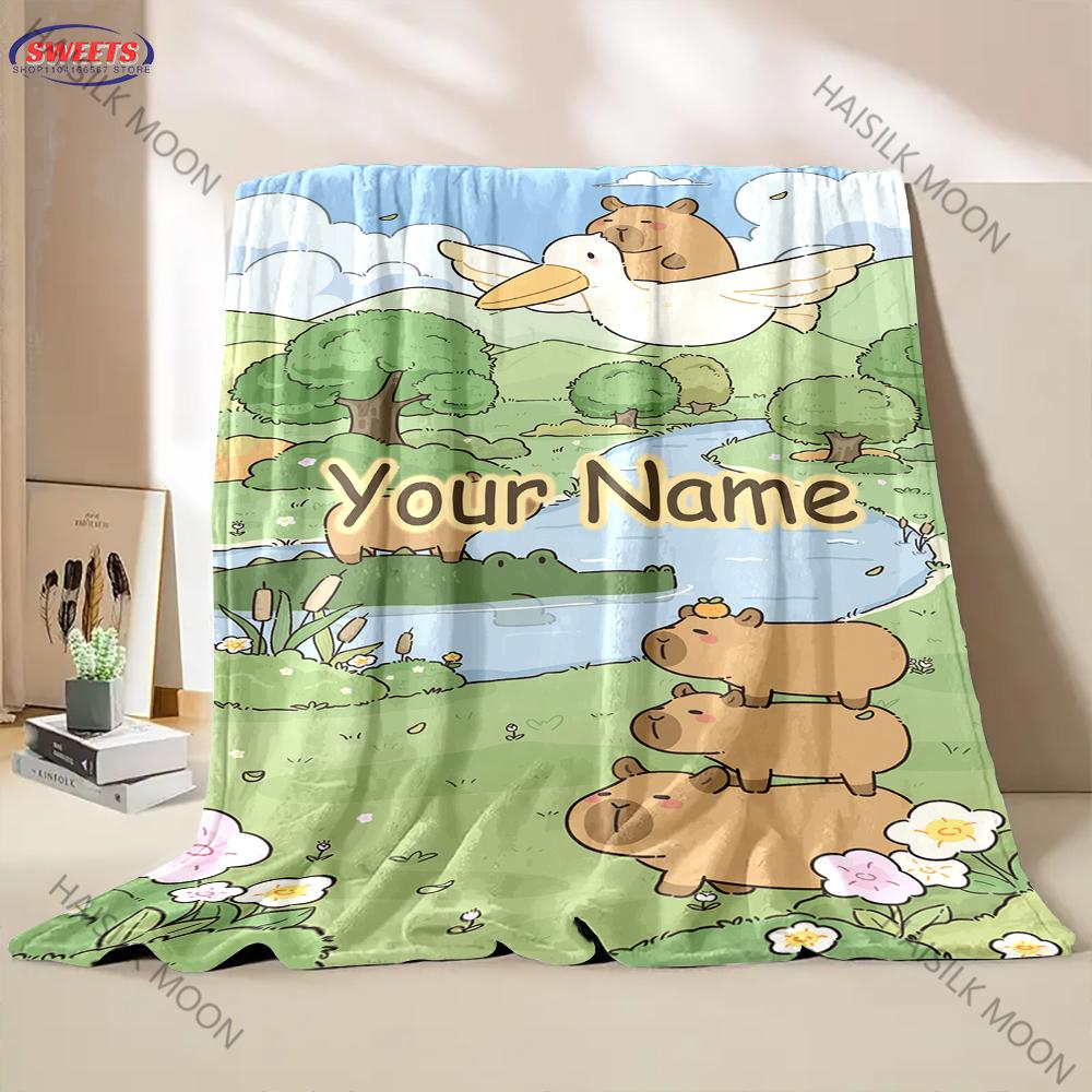 Cute Capybara Cartoon Flannel Fluffy Throw With Exclusive Name Camping Blanket for Children Sofa Throw Thin Blanket Fashion Gift