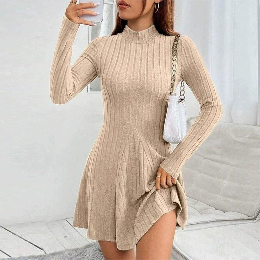 Long Sleeve Solid Rib-knit A-line Ruffle Dress, Casual Mock Neck, Women's Clothing