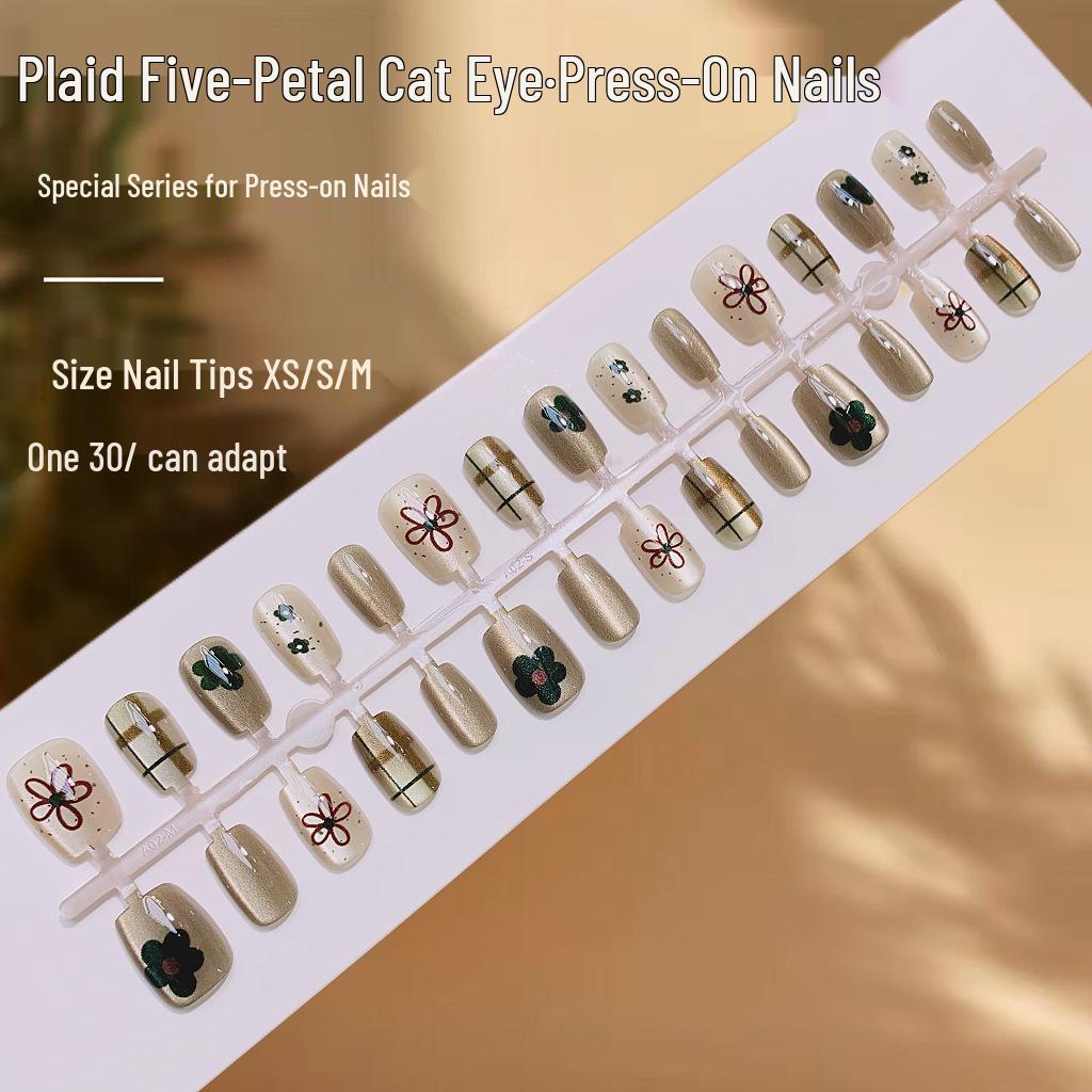 

Autumn Cat Eye Five-Petal Flower Plaid Fake Nails Set