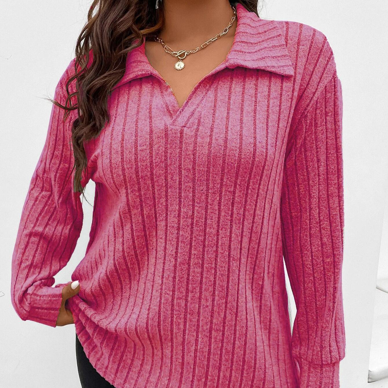 

Новый однотонный женский топ больших размеров, шерстяная футболка с длинными рукавами и V-образными лацканами 5XL розовый