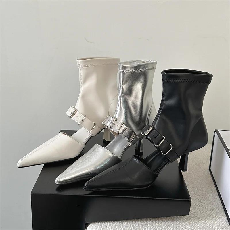 Eilyken Street Design Belt Buckle Hollow Out Women Ankle Boots Sandals Pointed Toe Thin Low Heels Ladies Shoes