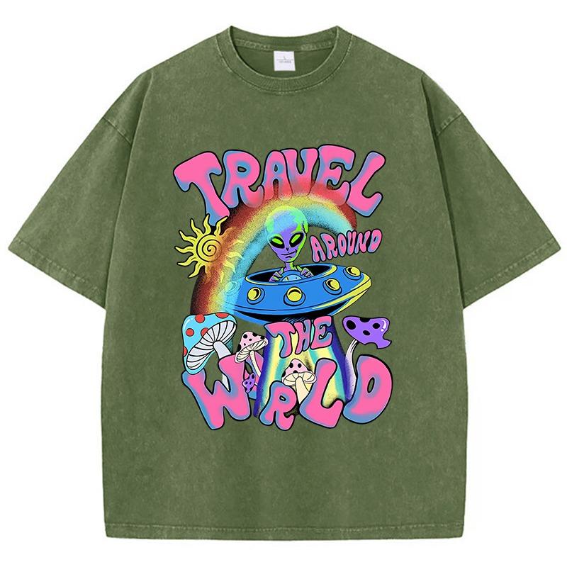 Damen Baumwolle Gewaschene T-Shirts Mode Locker O-Ausschnitt T-Shirts Die Ankunft von Aliens Druck Kurzarm Sommer Damenbekleidung