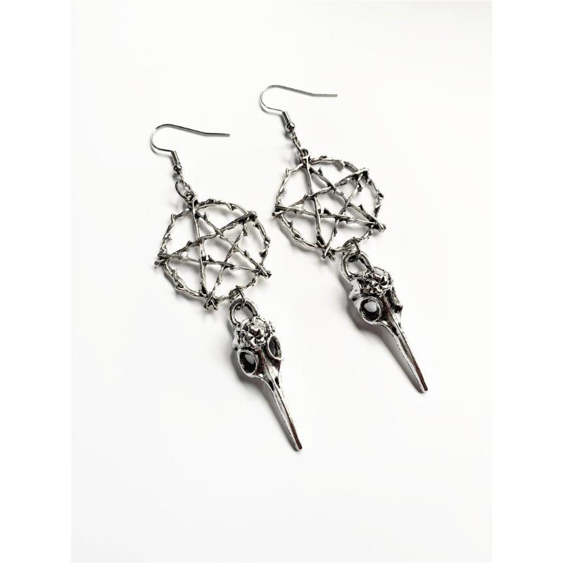 Skeleton Crow Hollow Pentagram Design Dangle Earrings Alloy Jewelry Goth Style Creative Personality Female Gift