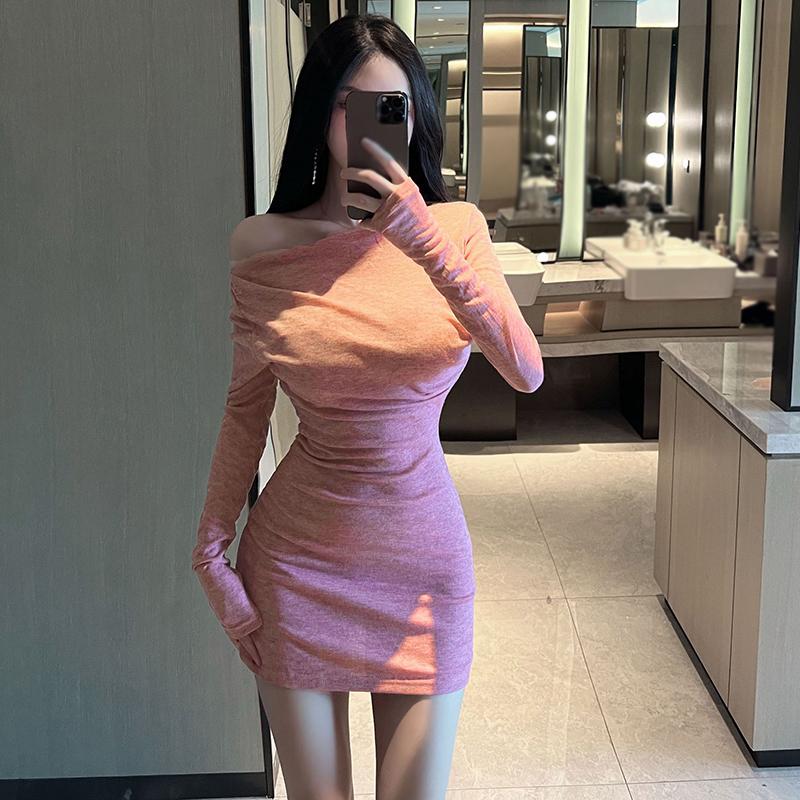 Women's Dress Short Buttocks Solid Color Waist Oblique Shoulder
