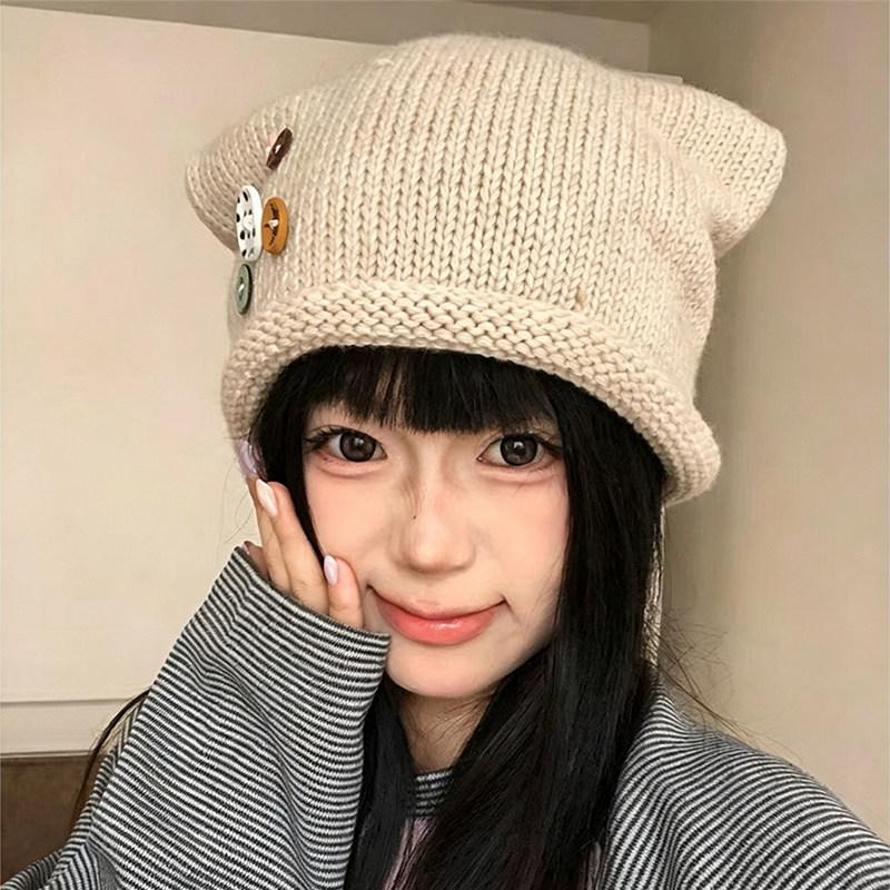 Soft girl wind cat ear button stack hat female autumn face small big head circumference headgear versatile knitted hat