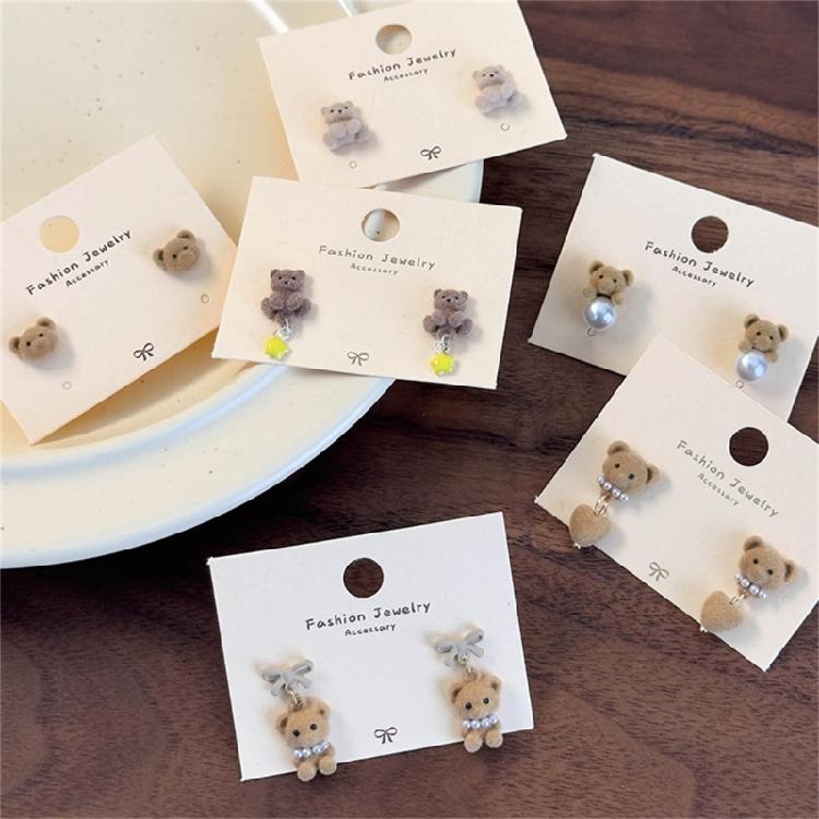 Coffee Flocking Bear Earrings Comfortable Ear Studs Student Fashion Accessories for Daily Commute or Social Event