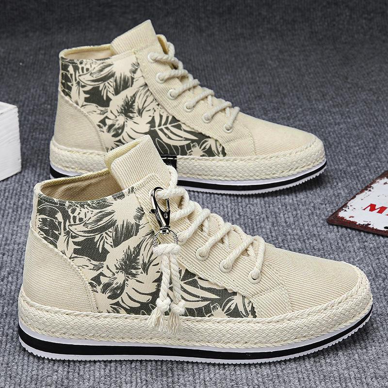 2025 New Straw High-top Board Shoes Corduroy Casual Shoes Men's Shoes Korean Version of Student Tide Shoes Four Seasons