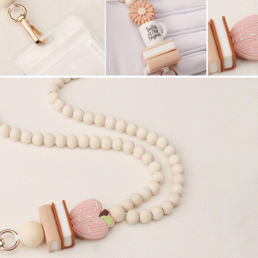 Wood Teacher Lanyard Pink Daisy Beads ID Holder Strap Fashion String for ID Badges  Keys
