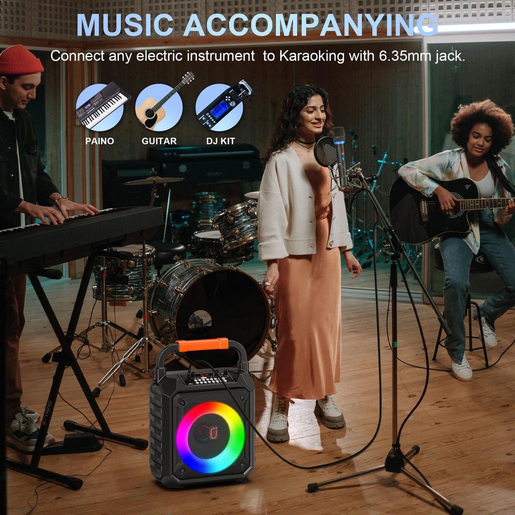 Karaoke Machine with Two Wireless Microphones, Portable Speaker with LED Lights for Kids and Adults, Supports Bluetooth/USB/TF/AUX for Party