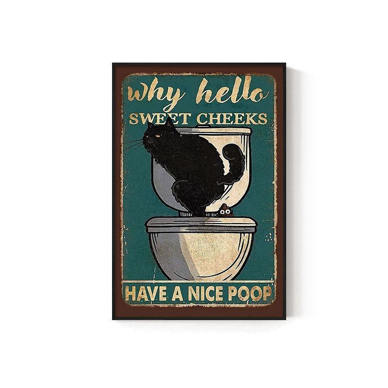 Retro Kitten Cartoon Canvas Painting Bathroom Toilet Poster Toilet Children's Room Decoration Painting for Modern Living Room Asian Style Home Decor