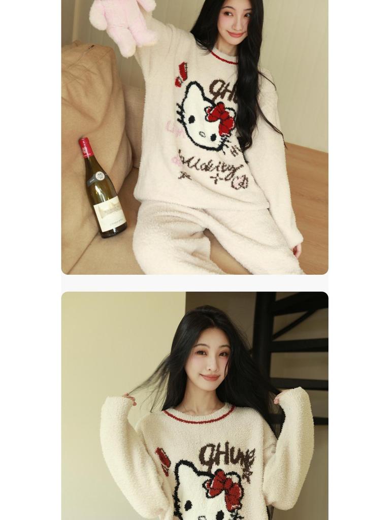 2025 Autumn/Winter Women's KT Cat Thickened Velvet Pajamas Set - Warm Long-Pile Fleece Homewear
