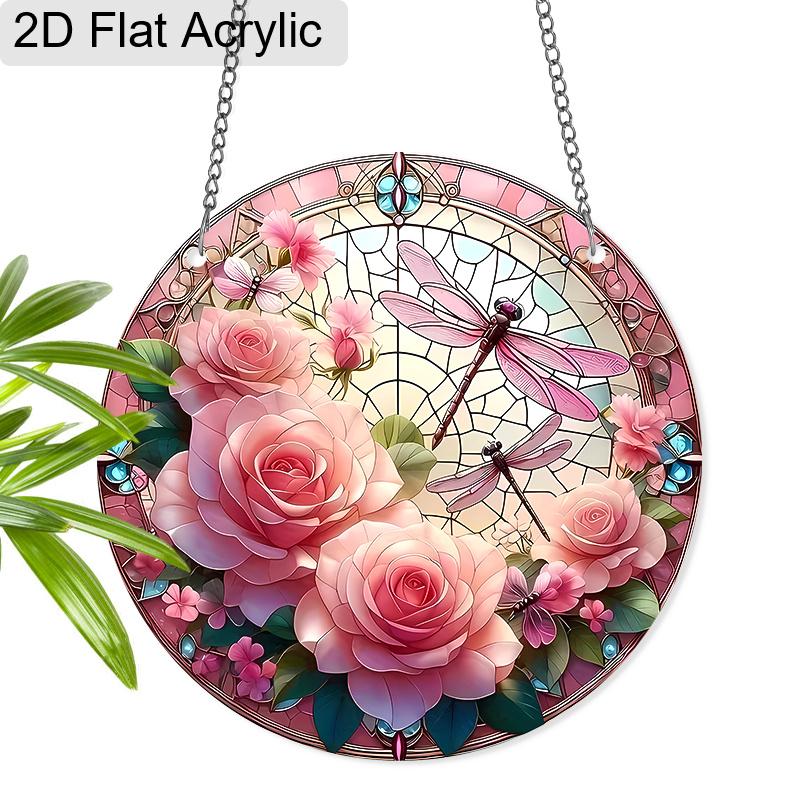 

Acrylic Pink Rose Dragonfly Suncatcher Stained Glass Effect Window Hanging Ornament Flower Lover Gifts 20cm/7.87Inch