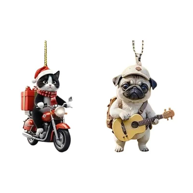 

2D Acrylic Flat Creative Cute Guitar Dog Black Cat Riding Motorcycle Keychain Car Pendant Home Christmas Tree Decoration