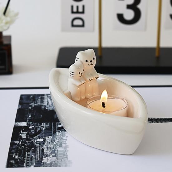 Cat Candle Holder Boat-Shaped Aromatherapy Cup Kittens Warming Paws Tea Light Holder for Home Bedroom Living Room Decor