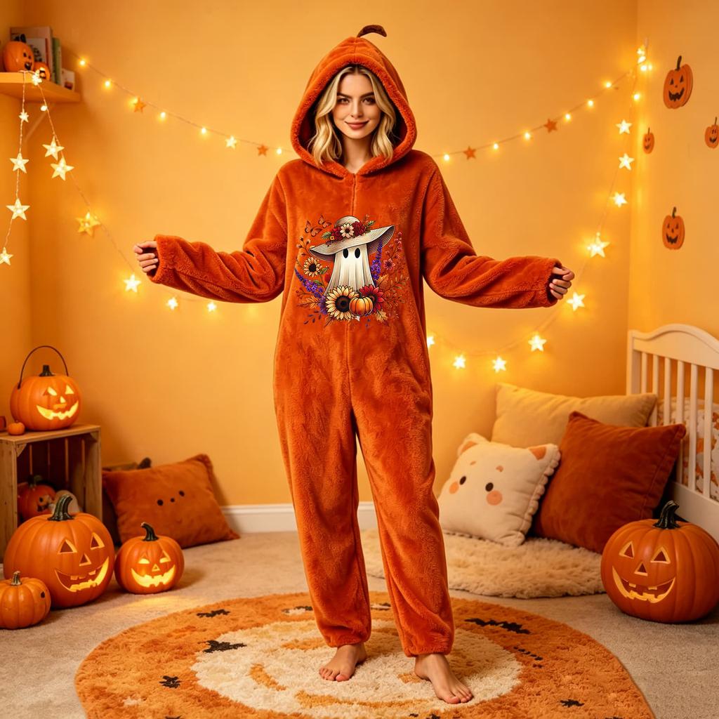 Women's Halloween Printed Flannel Romper Jumpsuit for Holiday Party and Loungewear