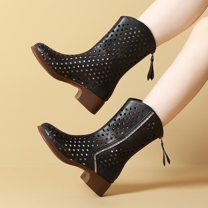 Fashion GKTINOO Women's Boots 2025 Summer Genuine Leather Woman Mid-Calf Boots Fashion Hollow Out Ladies Shoes Women Summer Boot Shoes