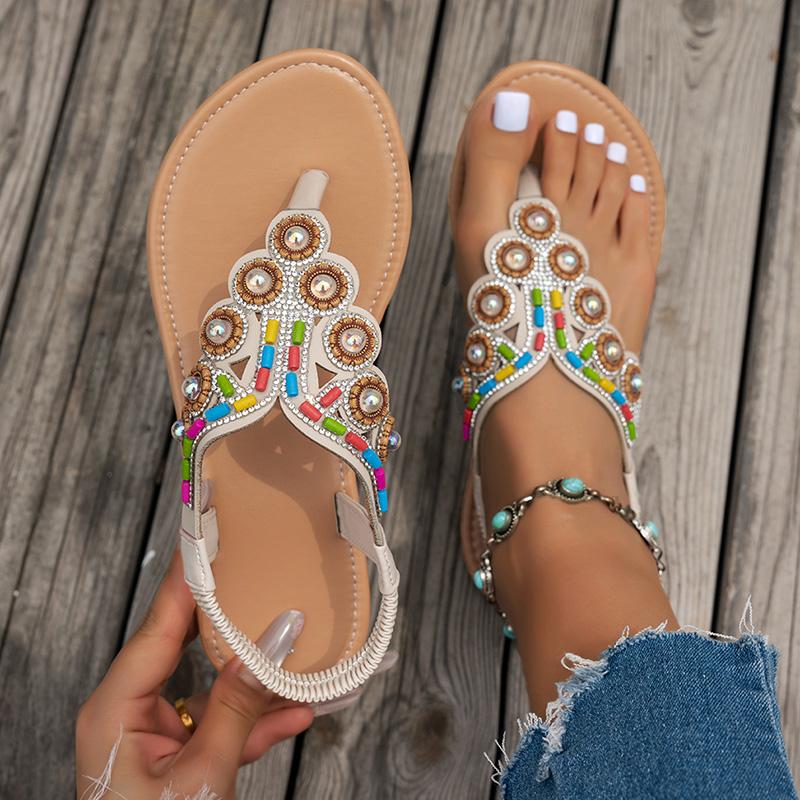 

Fashion Bohemian Style Flat Sandals for Women Large Pearl Shiny Crystal Decor Clip Toe Slippers Summer Plus Size Comfort Light Sandals 43 бежевый