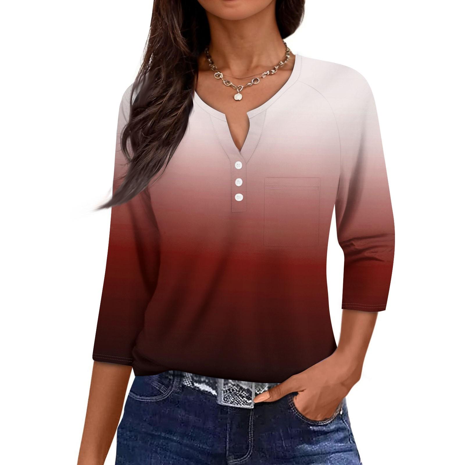 

Ladies Casual Fashion V-neck Loose Versatile Gradient Print Three-quarter Sleeves XXL рожевий