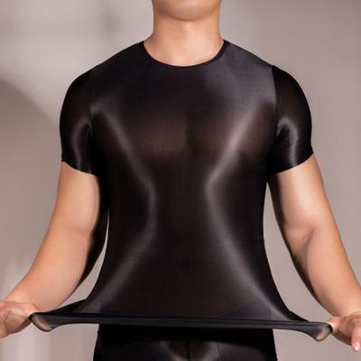 Yousheng Męski T-shirt Cienki Wysoka Elastyczność Okrągły Dekolt Krótki Rękaw Dopasowany Krój Dobra Oddychalność Prześwitujący Błyszczący Powierzchnia Top