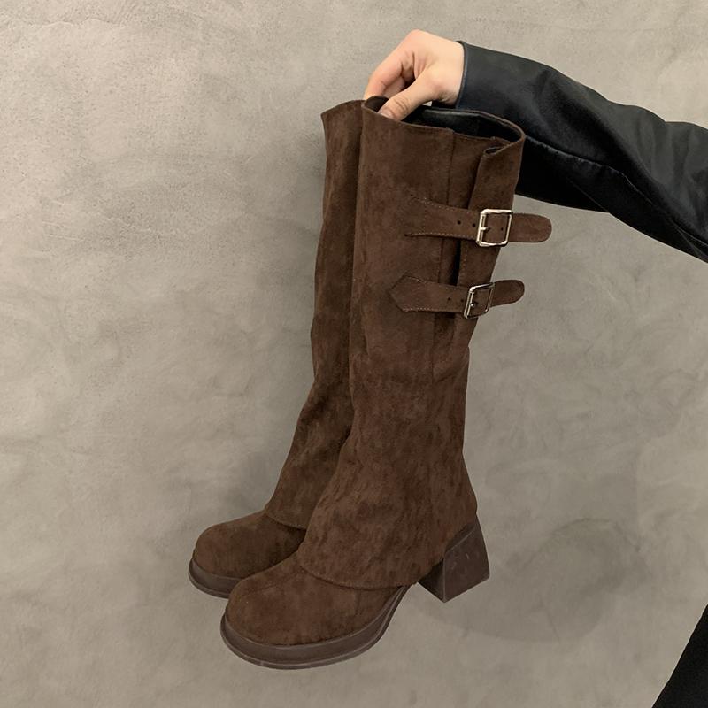 Fashion Autumn Winter Designer Buckle Strap Women Knee High Boots Fashion THick Heels Comfortable Long Botas