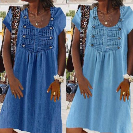 

Newest Casual Women Solid Color Short Sleeve O Neck Buttons Loose Knee-length Dress
