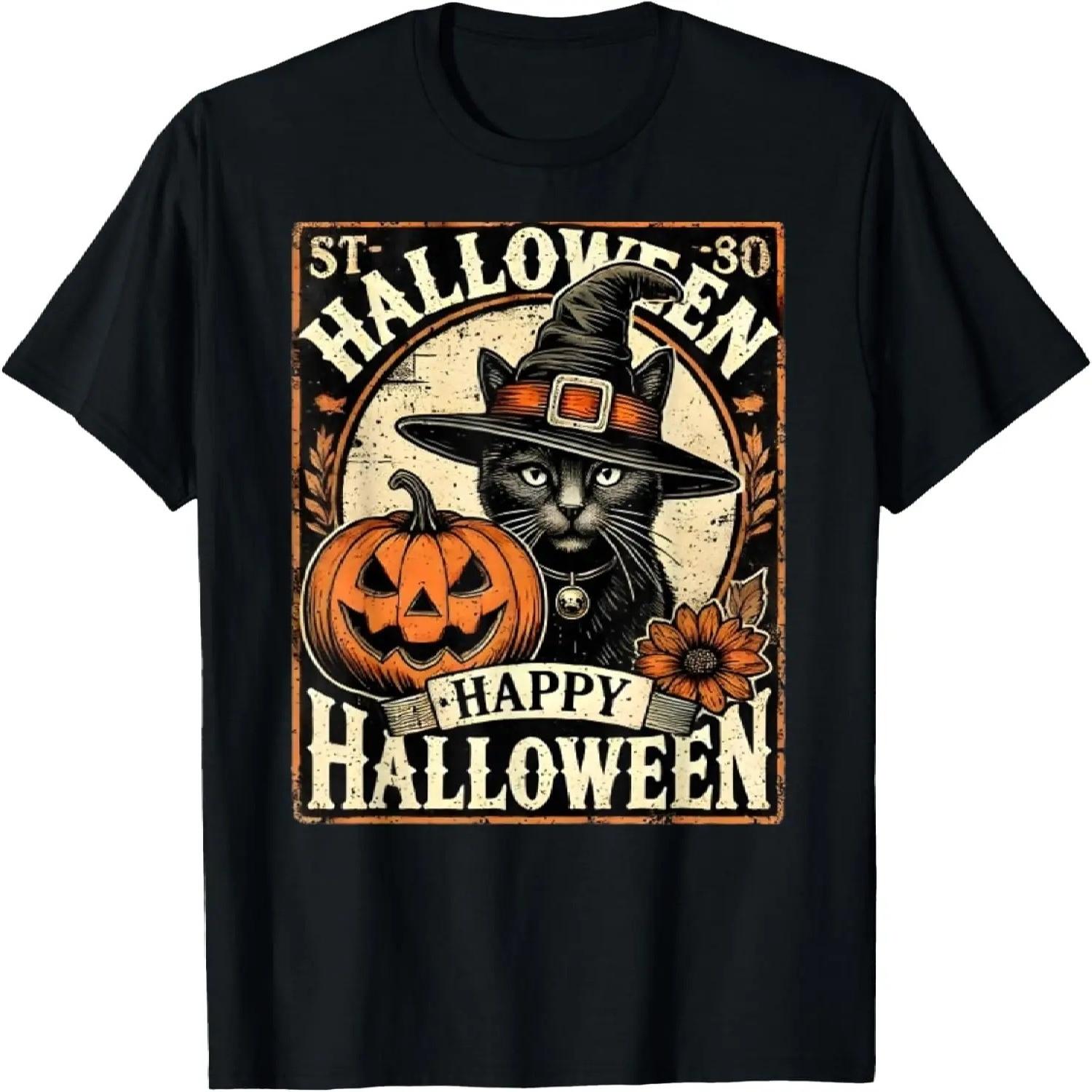 Vintage Halloween Shirt Black Cat With Witches Hat T-Shirt S чёрный