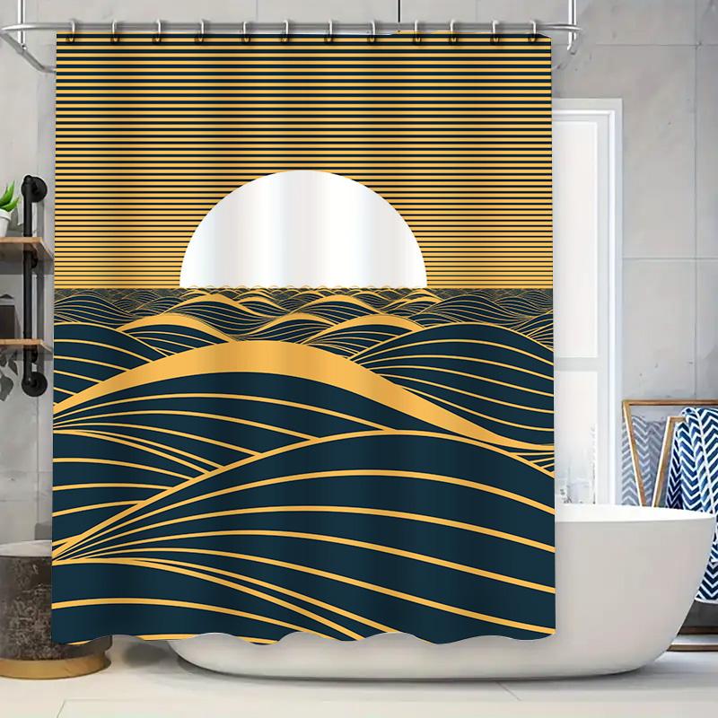 

Luxury Blue Gold Wave Print Shower Curtain Set For Bathroom Decor Modern Sun Design Waterproof Fabric Universal Fit 69X70 (C4) W60H190(CM)-1 Pcs