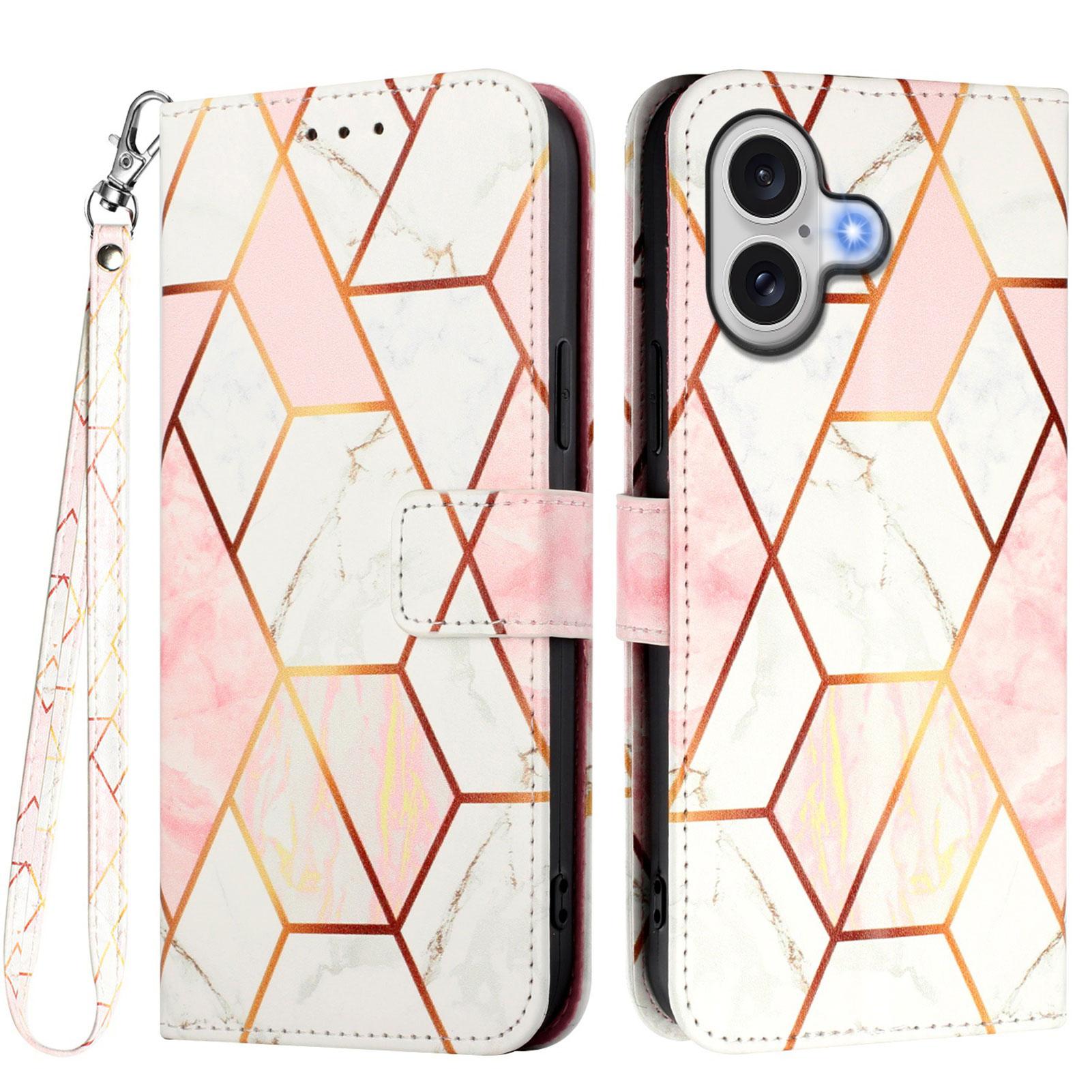 

For iPhone 17 Case with Strap Marble Pattern Leather Phone Cover Card Holder Pink/White LS002