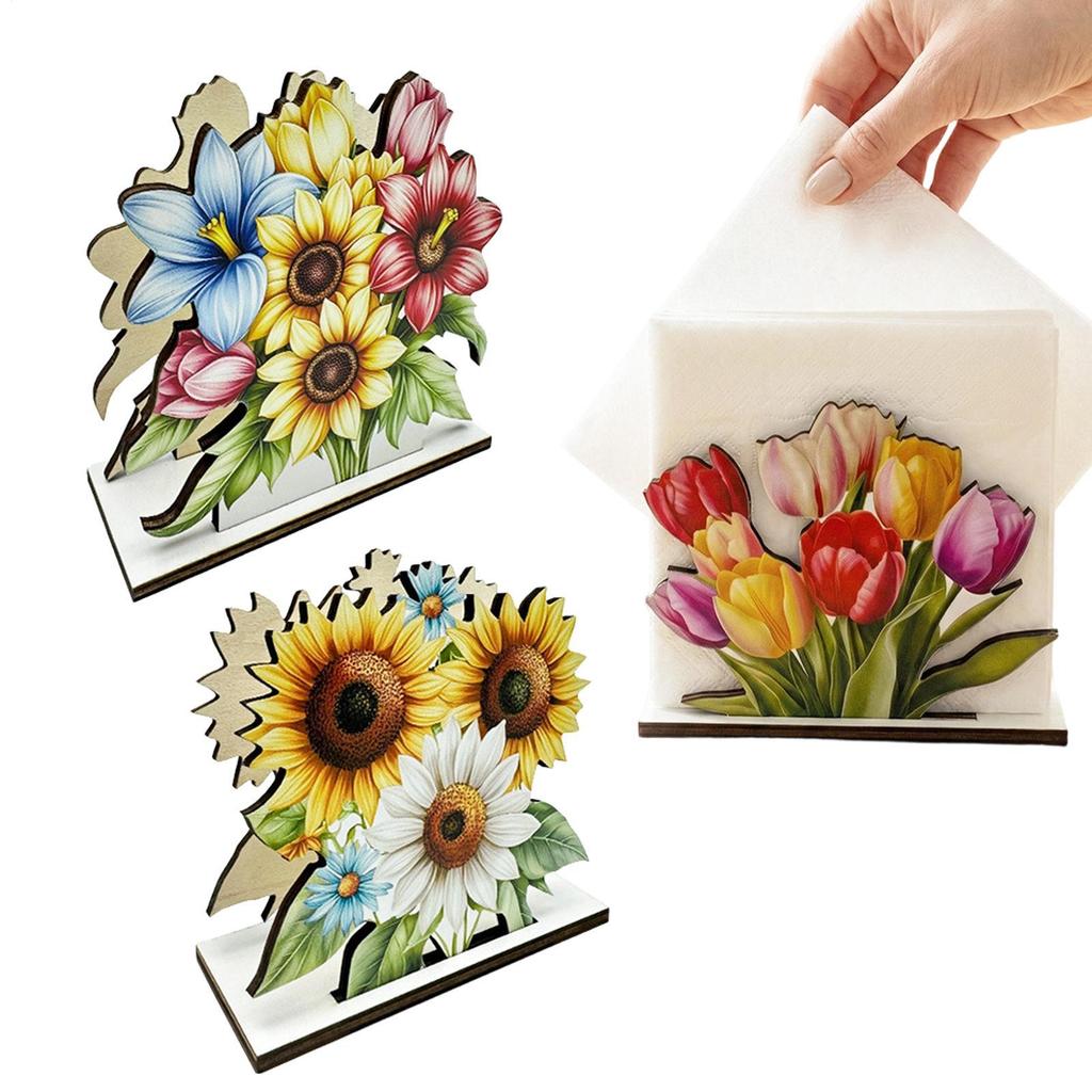 3 Stück Schöne Sonnenblumen Tulpen Holz Taschentuchhalter Blumenförmiger Taschentuchspender Kreativer Serviettenhalter Dekoration