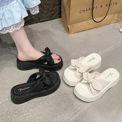 New Versatile Platform Slippers Women's Summer Wear Bow One-word Drag Height Increase Fashion Sweet Fairy Style Slippers