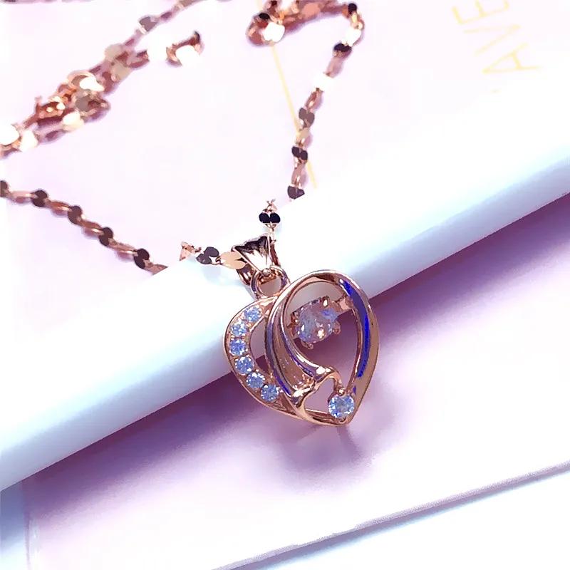 Purple Gold Inlaid Crystal Hollow Heart Neckalce For Woman Plated 14K Rose Gold Pendant Fashion Sweet Engagement Jewelry