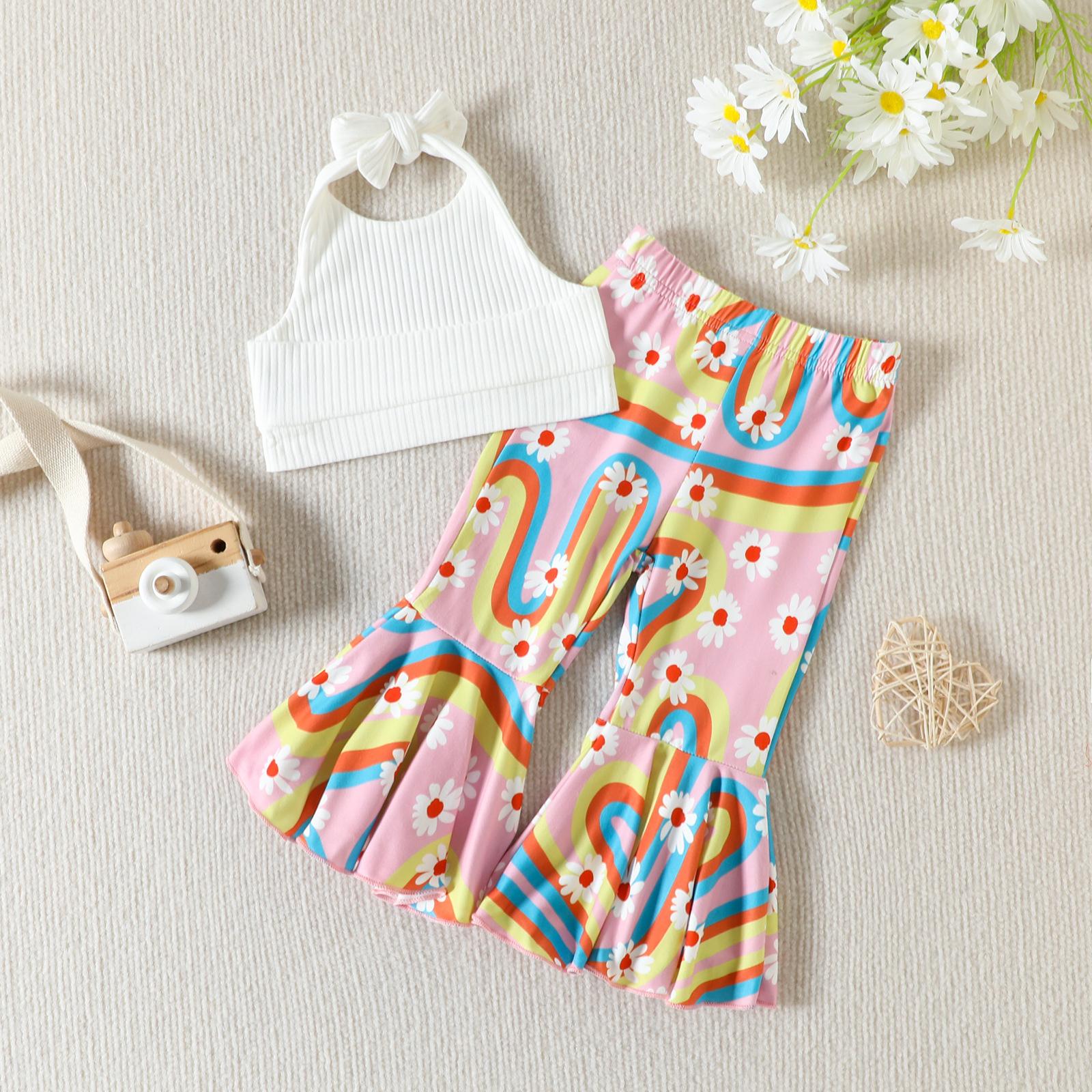 

Детский комплект летней одежды для девочек, детские топы без рукавов с лямкой на бретельках + длинные брюки с цветочным принтом + повязка на голову, модная детская одежда 80cm белый