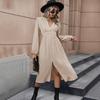 Elegant A-Line Chiffon Dress for Women Knee Length High Waist V-Neck Long Sleeve Solid Color Autumn Winter Fashion