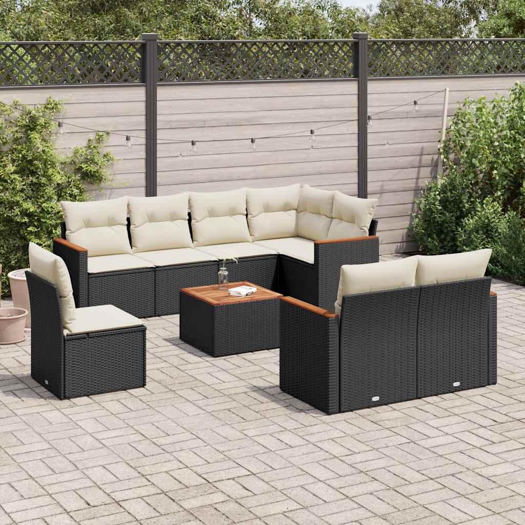 9 Piece Garden Sofa Set with Cushions Black Poly Rattan