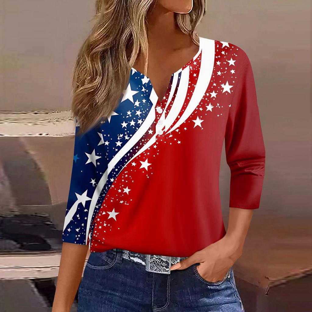 Women's T Shirt Independence Day Print Button 3/4 Sleeve Daily Weekend Fashion Basic V- Neck Regular Top